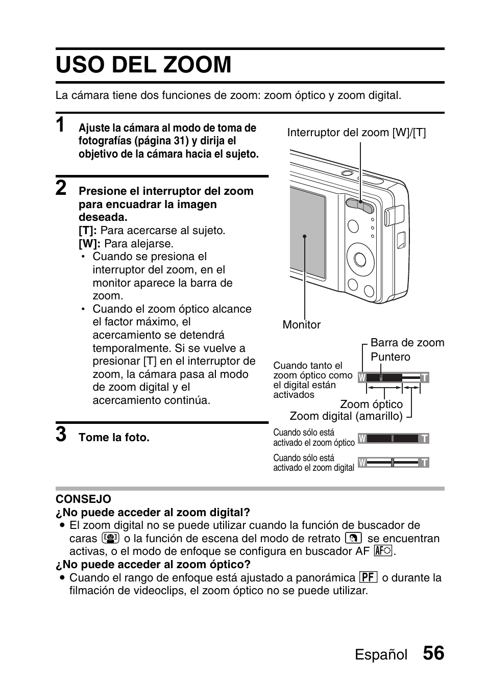 Uso del zoom, Uso del zoom” en la, Español | Ricoh R50 User Manual | Page 58 / 159