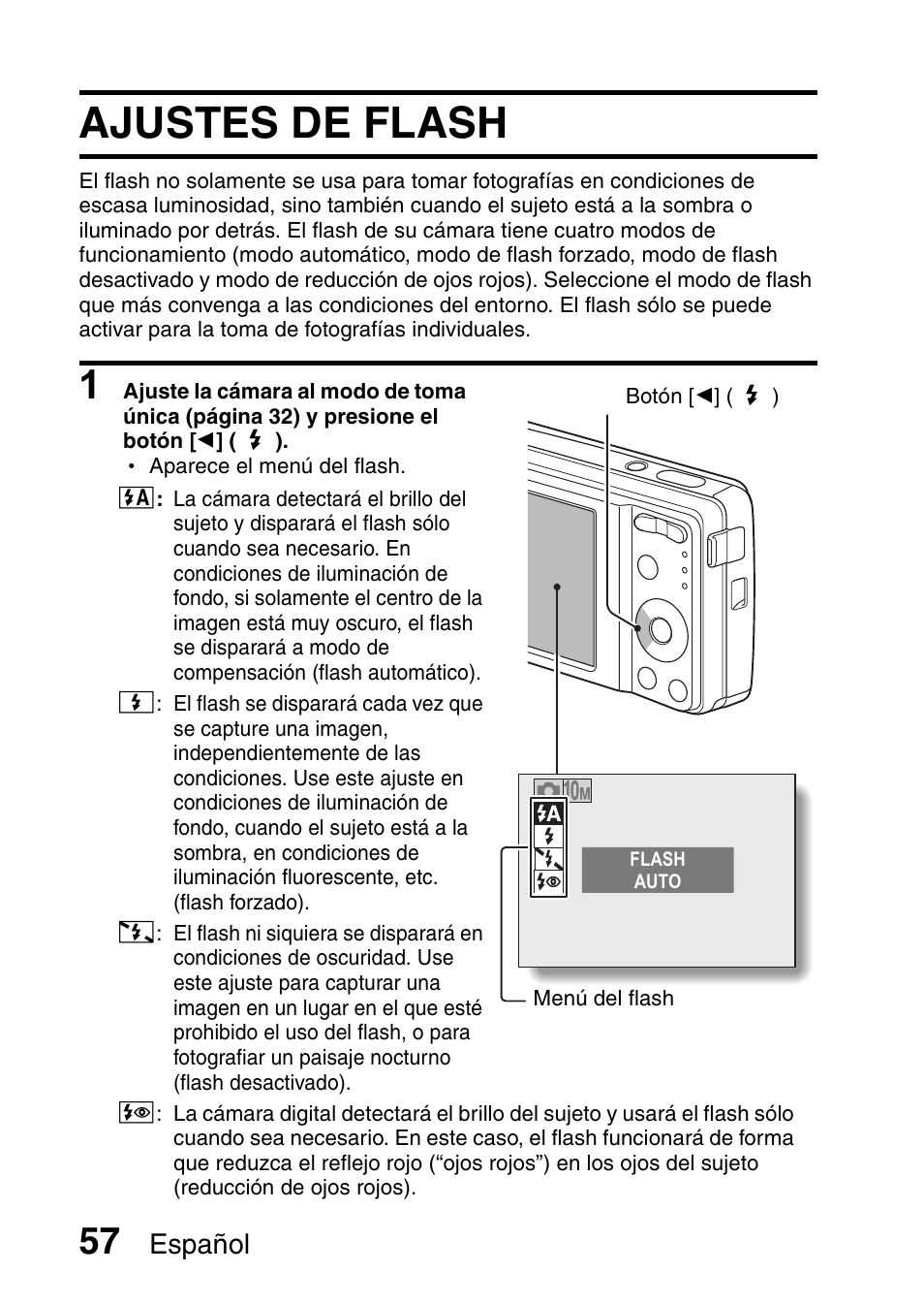 Ajustes de flash, Español | Ricoh R50 User Manual | Page 59 / 159