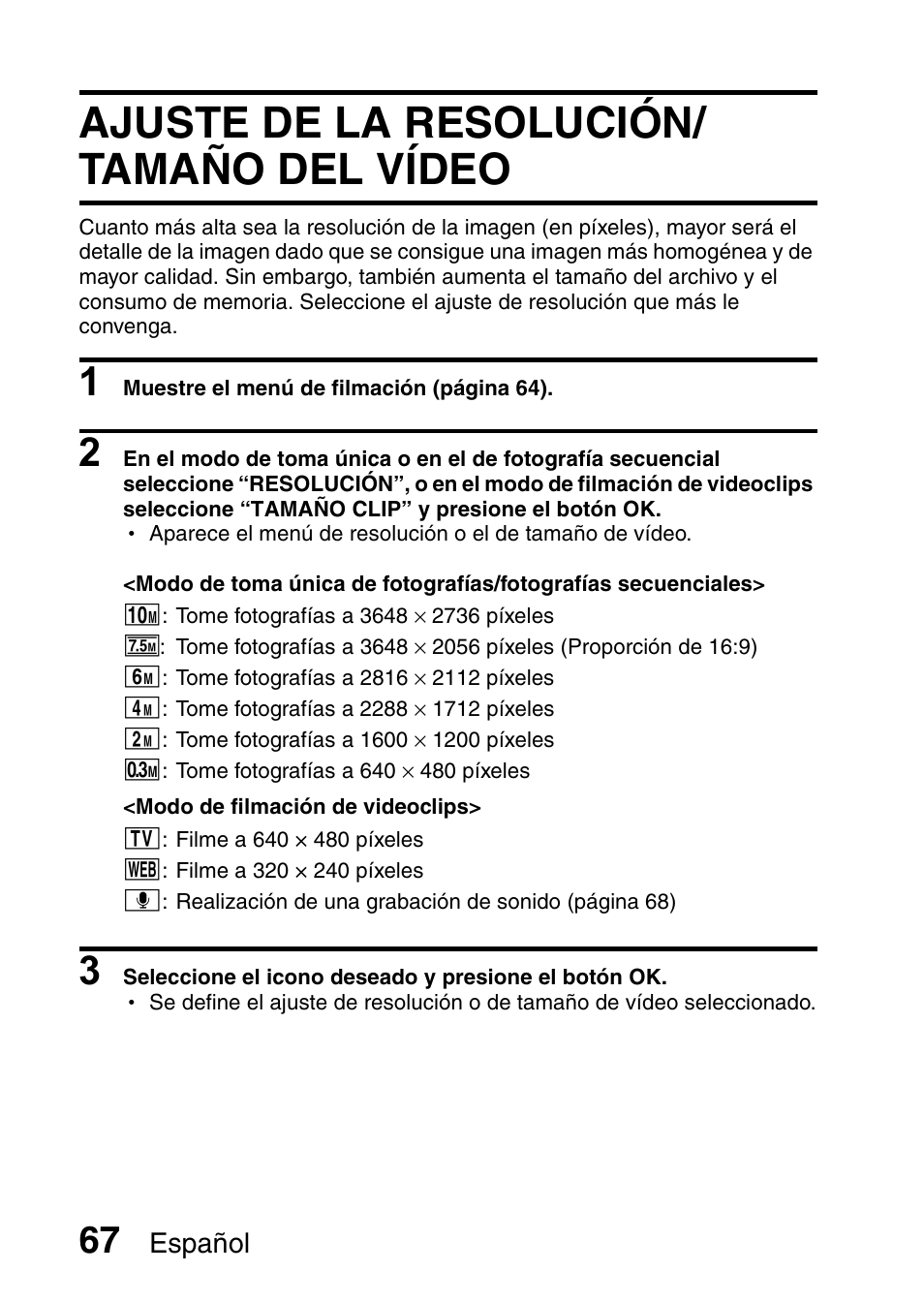 Ajuste de la resolución/tamaño del vídeo, Ajuste de la resolución/ tamaño del vídeo | Ricoh R50 User Manual | Page 69 / 159