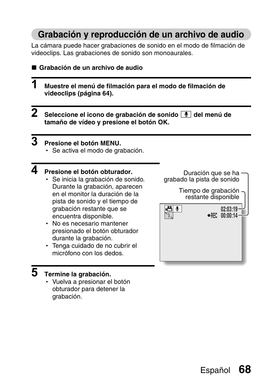 Grabación y reproducción de un archivo de audio | Ricoh R50 User Manual | Page 70 / 159