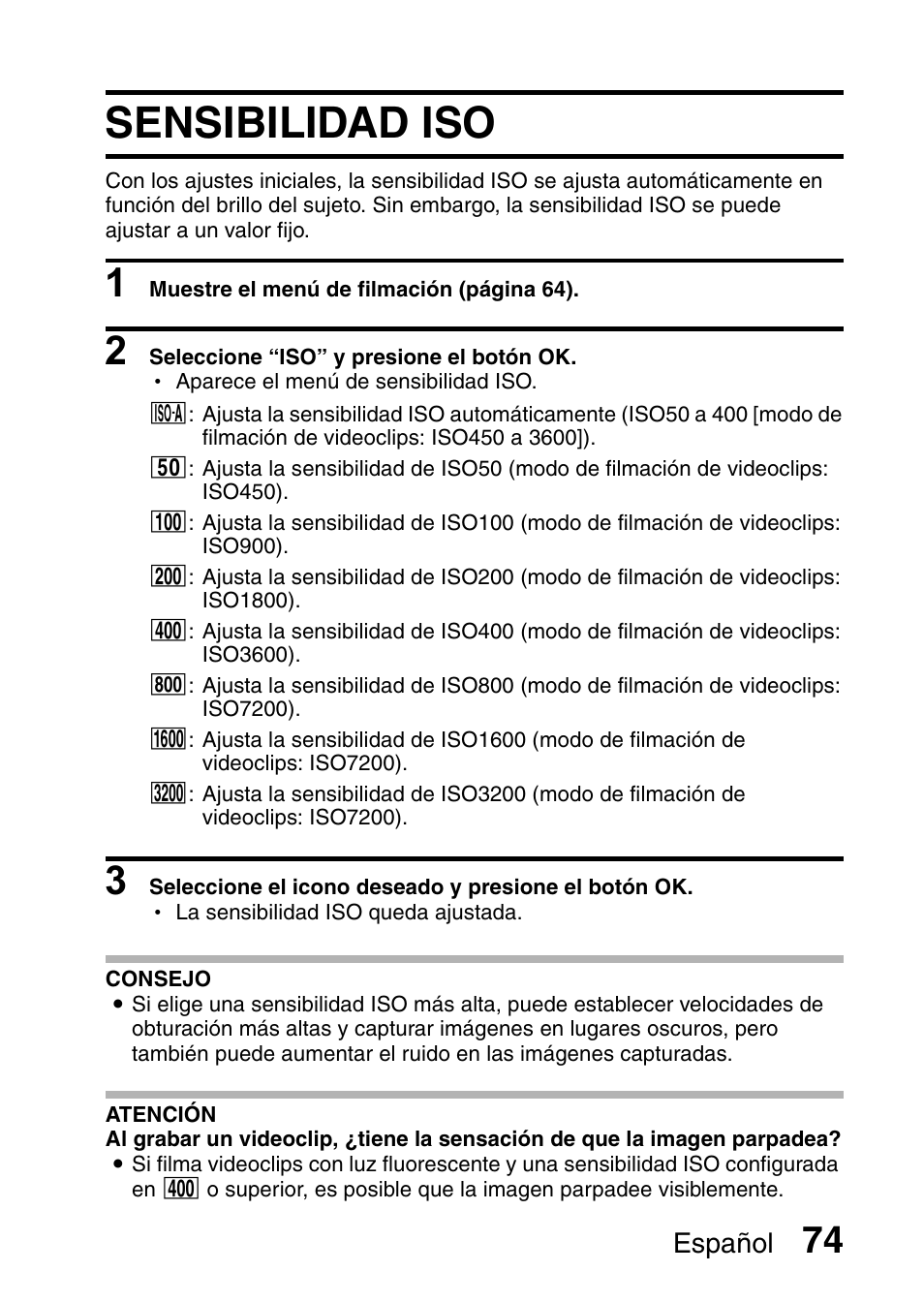 Sensibilidad iso, Sensibilidad iso” en, Español | Ricoh R50 User Manual | Page 76 / 159