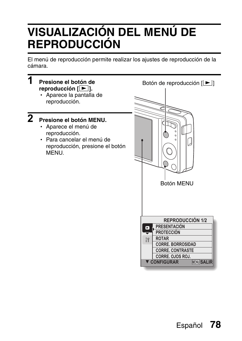 Reproducción, Visualización del menú de reproducción | Ricoh R50 User Manual | Page 80 / 159