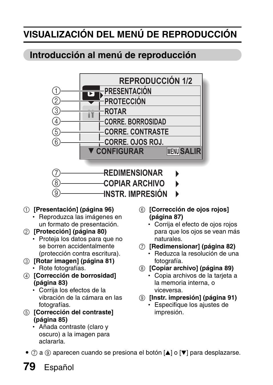 Copiar archivo instr. impresión presentación, Redimensionar, Reproducción 1/2 | Español, Protección rotar, Configurar salir | Ricoh R50 User Manual | Page 81 / 159