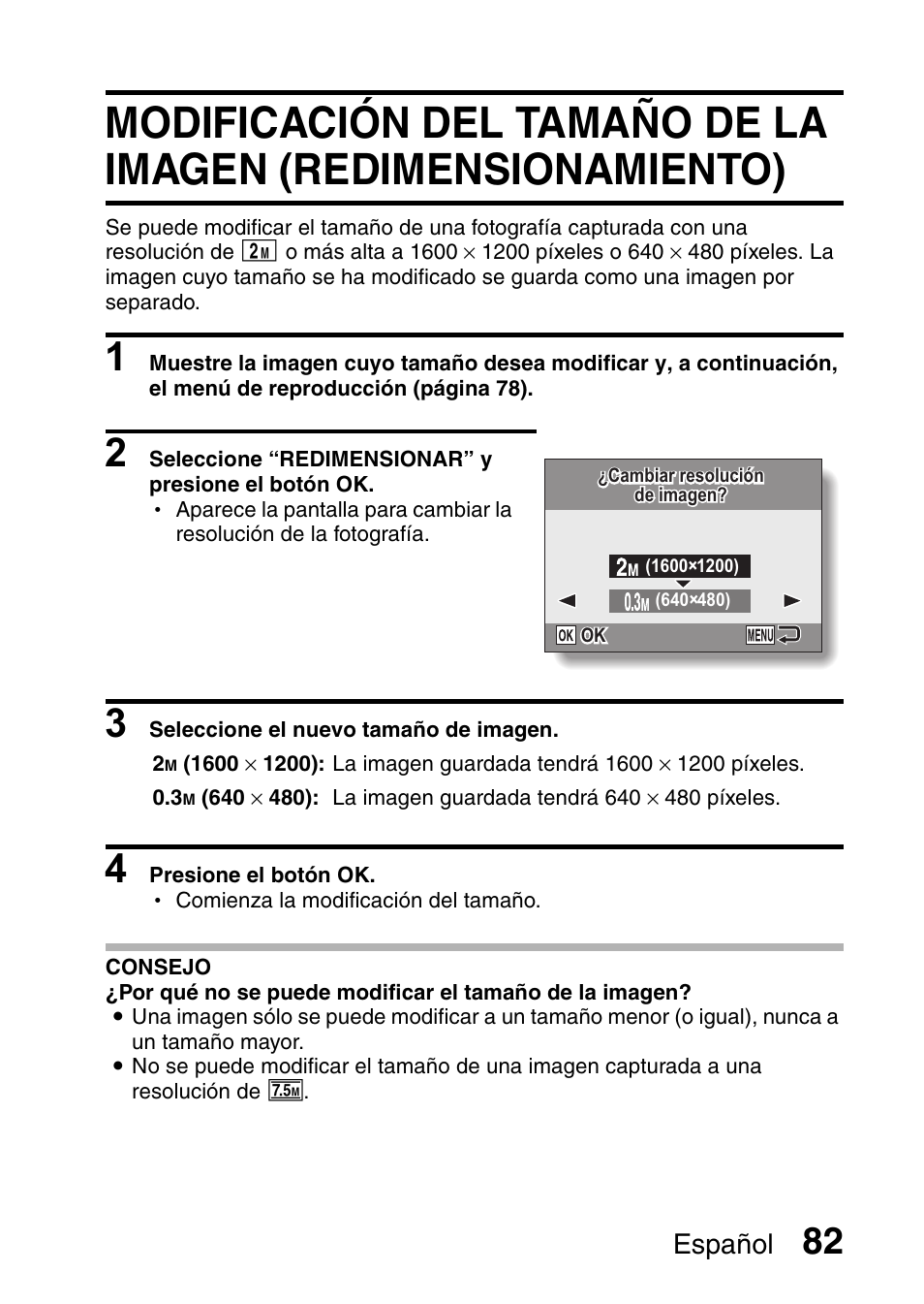 Modificación del tamaño de la imagen, Redimensionamiento), Español | Ricoh R50 User Manual | Page 84 / 159