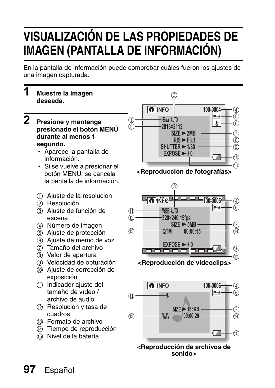 Visualización de las propiedades de imagen, Pantalla de información), Español | Ricoh R50 User Manual | Page 99 / 159
