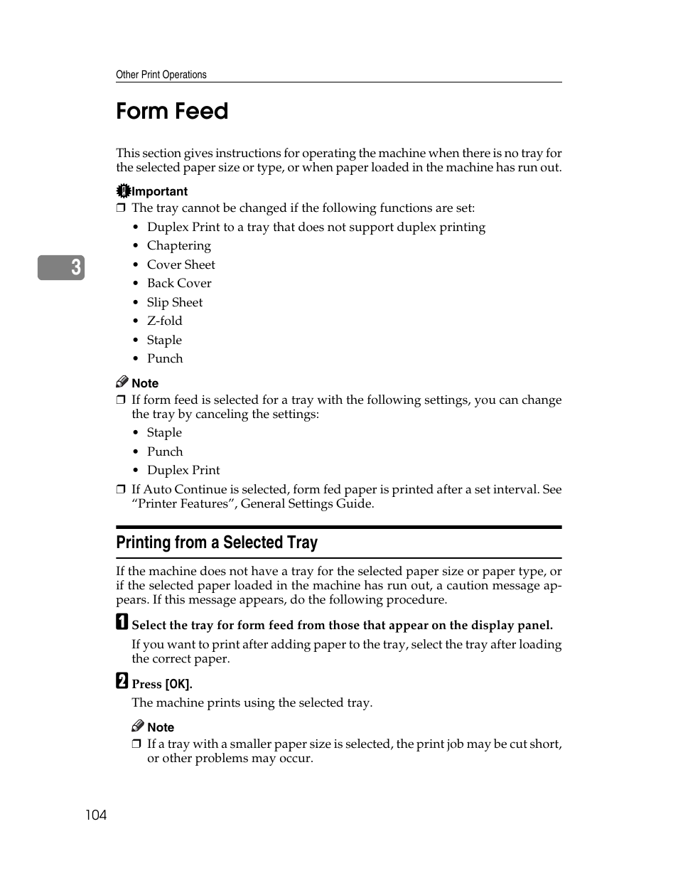Form feed, Printing from a selected tray, 3form feed | Ricoh 1350 User Manual | Page 112 / 158
