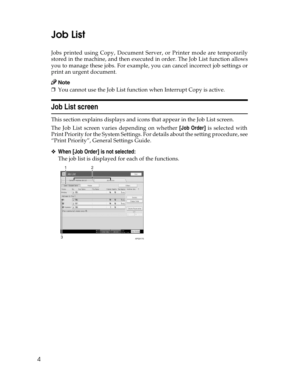 Job list, Job list screen | Ricoh 1350 User Manual | Page 12 / 158