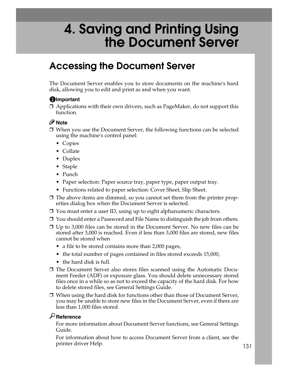 Saving and printing using the document server, Accessing the document server | Ricoh 1350 User Manual | Page 139 / 158