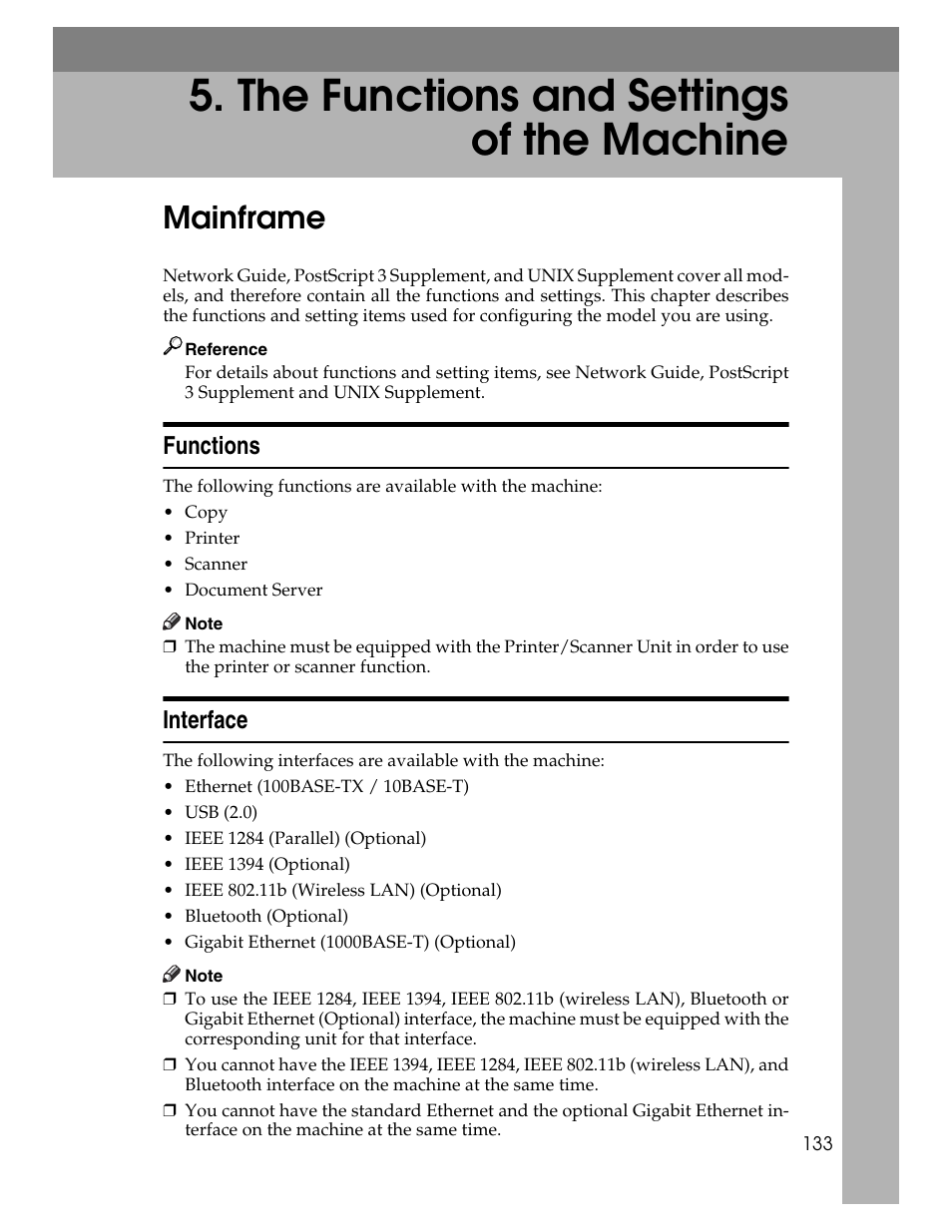 The functions and settings of the machine, Mainframe, Functions | Interface, Functions interface | Ricoh 1350 User Manual | Page 141 / 158