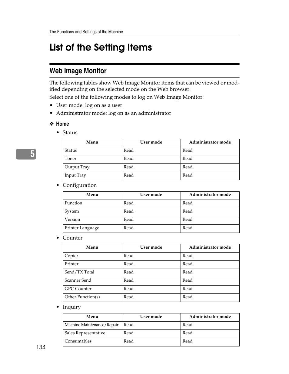 List of the setting items, Web image monitor, 5list of the setting items | Ricoh 1350 User Manual | Page 142 / 158