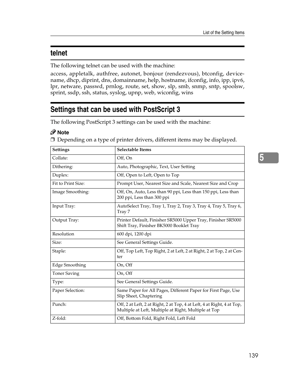 Telnet, Settings that can be used with postscript 3, Telnet settings that can be used with postscript 3 | Ricoh 1350 User Manual | Page 147 / 158