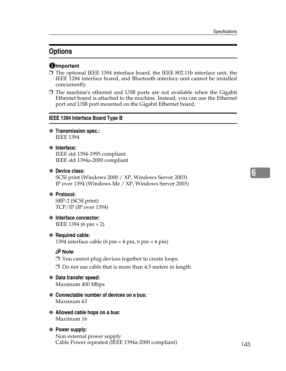 Options, Ieee 1394 interface board type b | Ricoh 1350 User Manual | Page 151 / 158