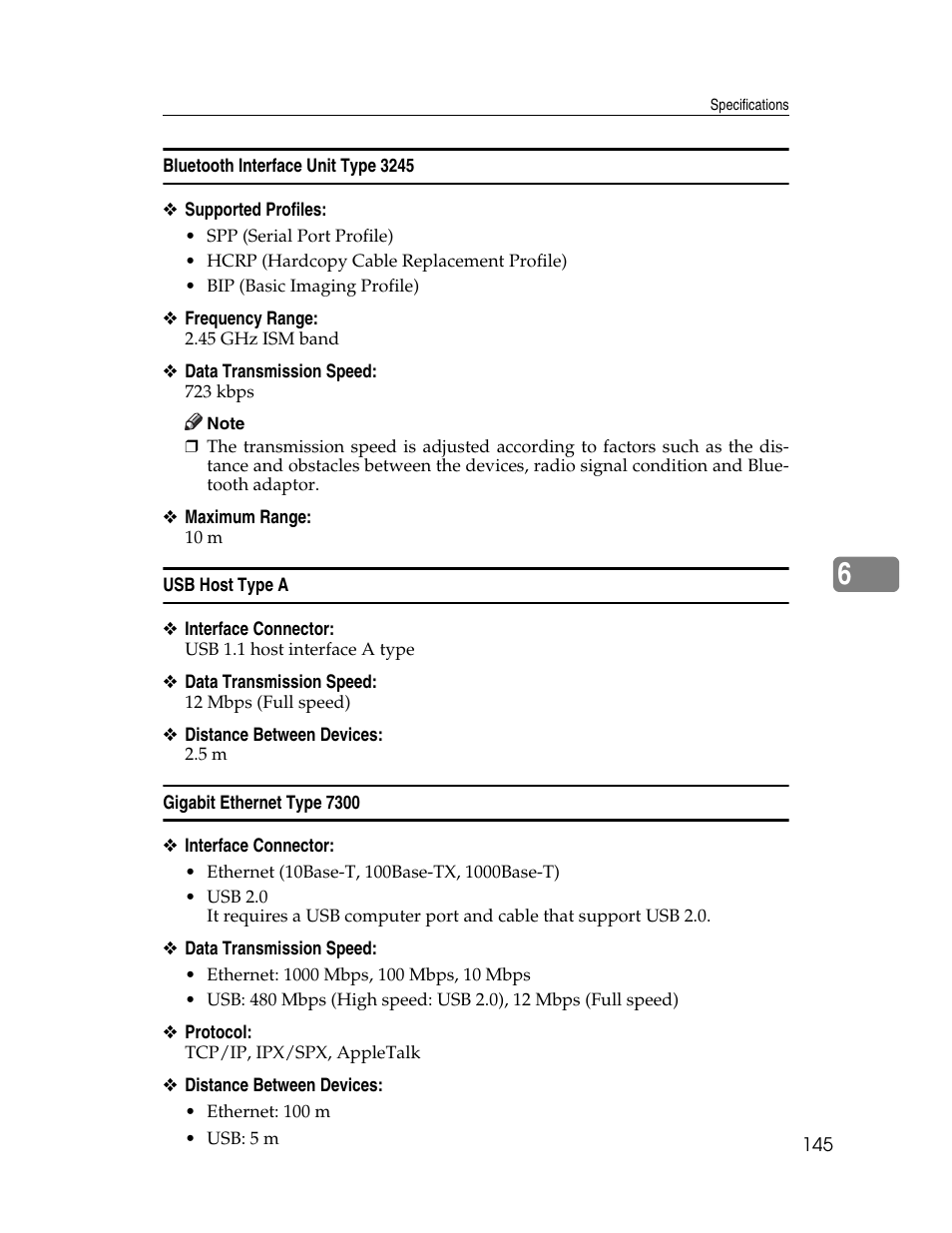 Bluetooth interface unit type 3245, Usb host type a, Gigabit ethernet type 7300 | Ricoh 1350 User Manual | Page 153 / 158