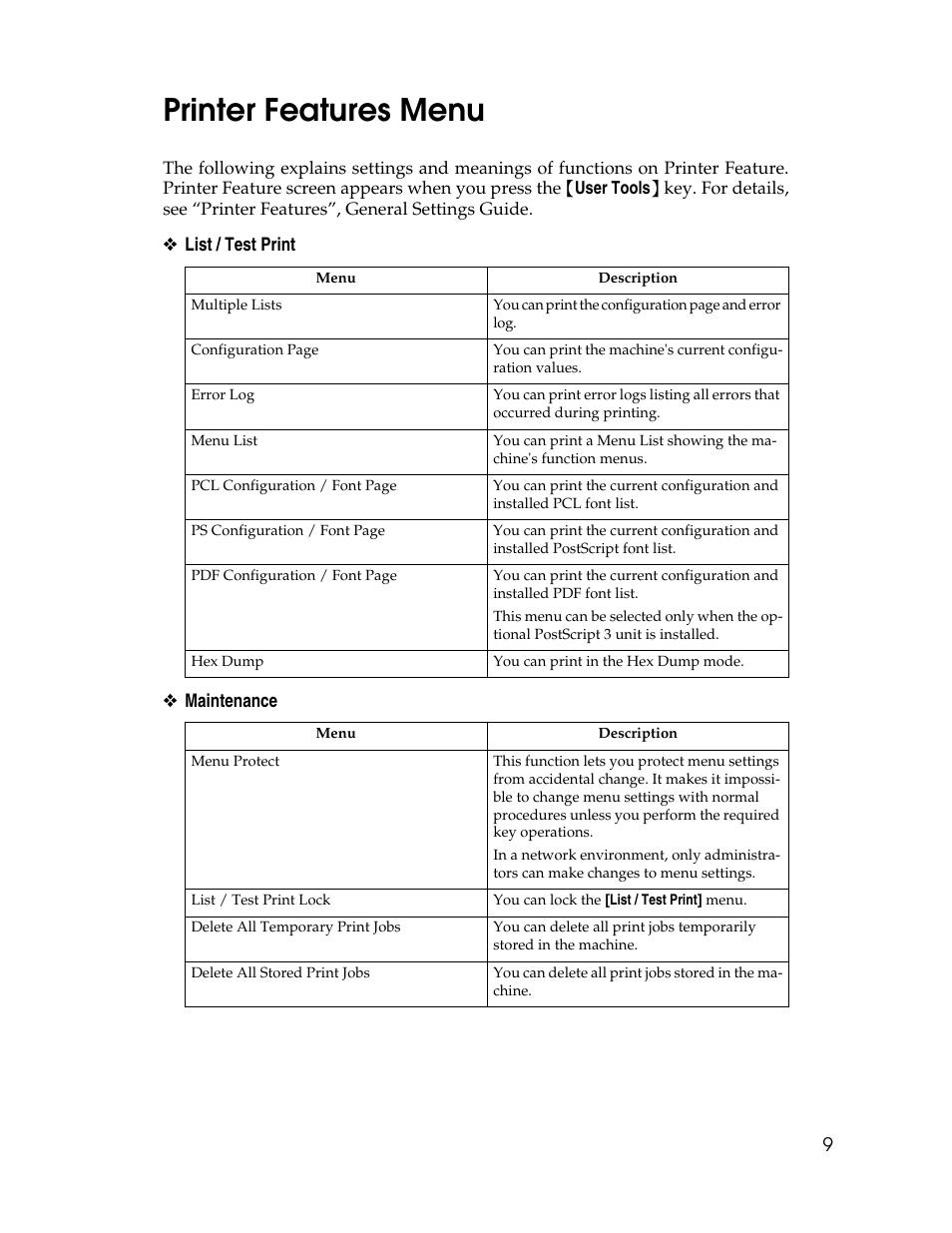 Printer features menu | Ricoh 1350 User Manual | Page 17 / 158
