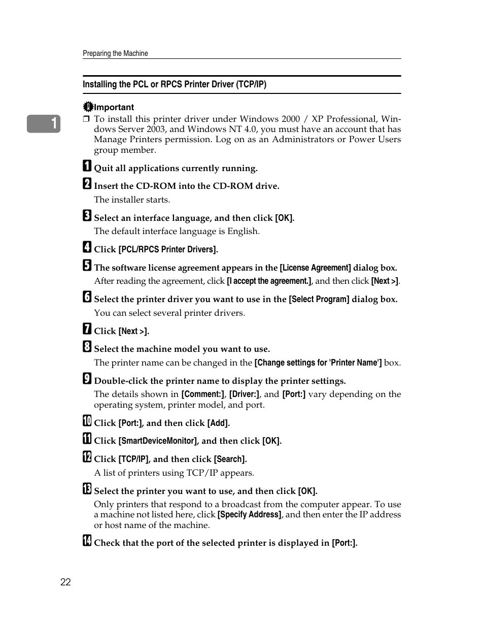 Installing the pcl or rpcs printer driver (tcp/ip) | Ricoh 1350 User Manual | Page 30 / 158