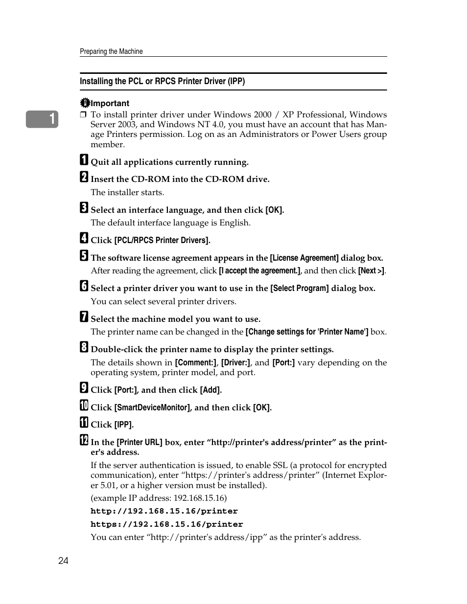 Installing the pcl or rpcs printer driver (ipp) | Ricoh 1350 User Manual | Page 32 / 158