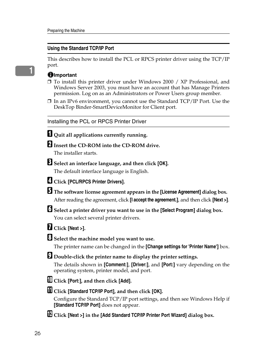 Using the standard tcp/ip port, See p.26 “using the standard tcp/ip port | Ricoh 1350 User Manual | Page 34 / 158