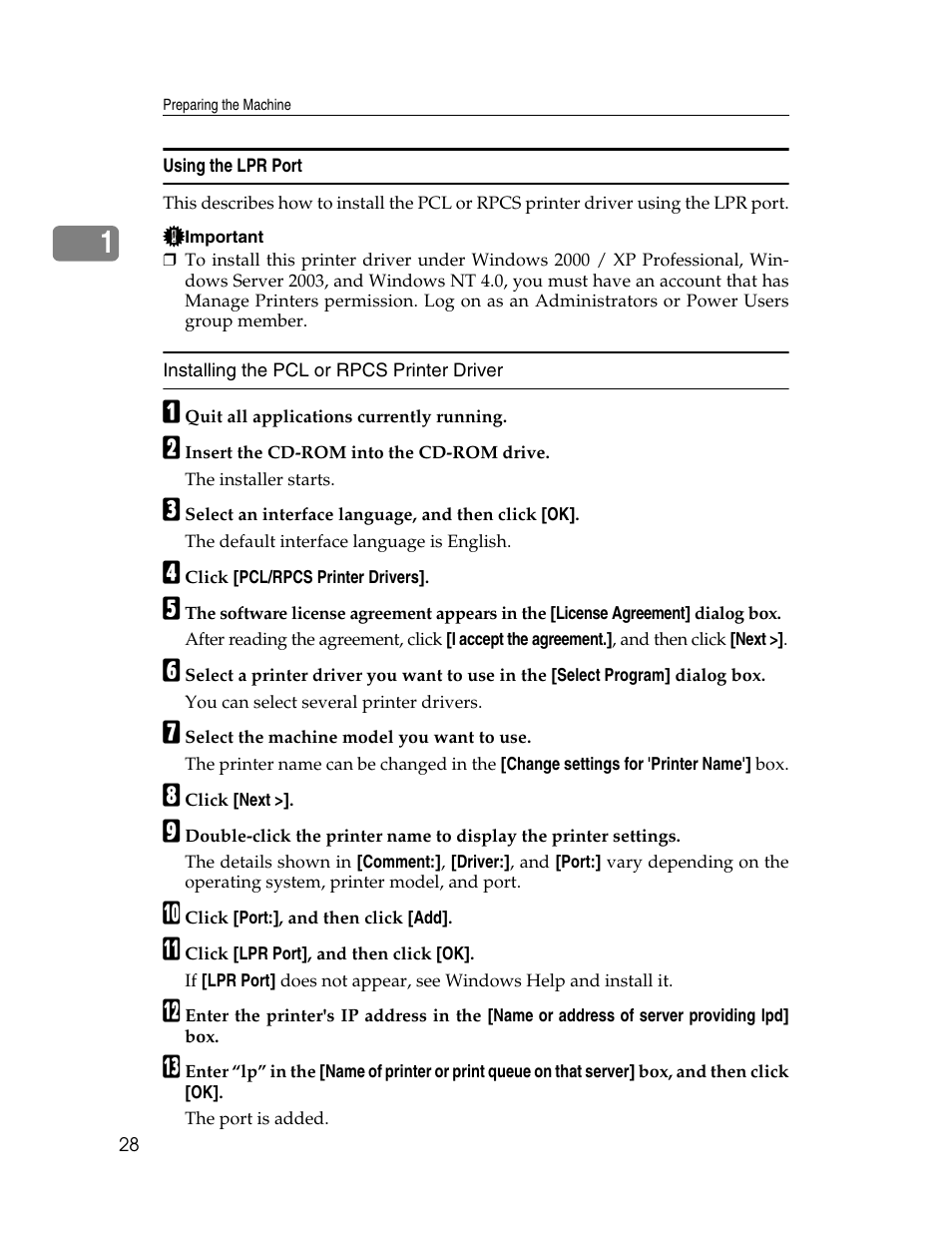 Using the lpr port, See p.28 “using the lpr port | Ricoh 1350 User Manual | Page 36 / 158