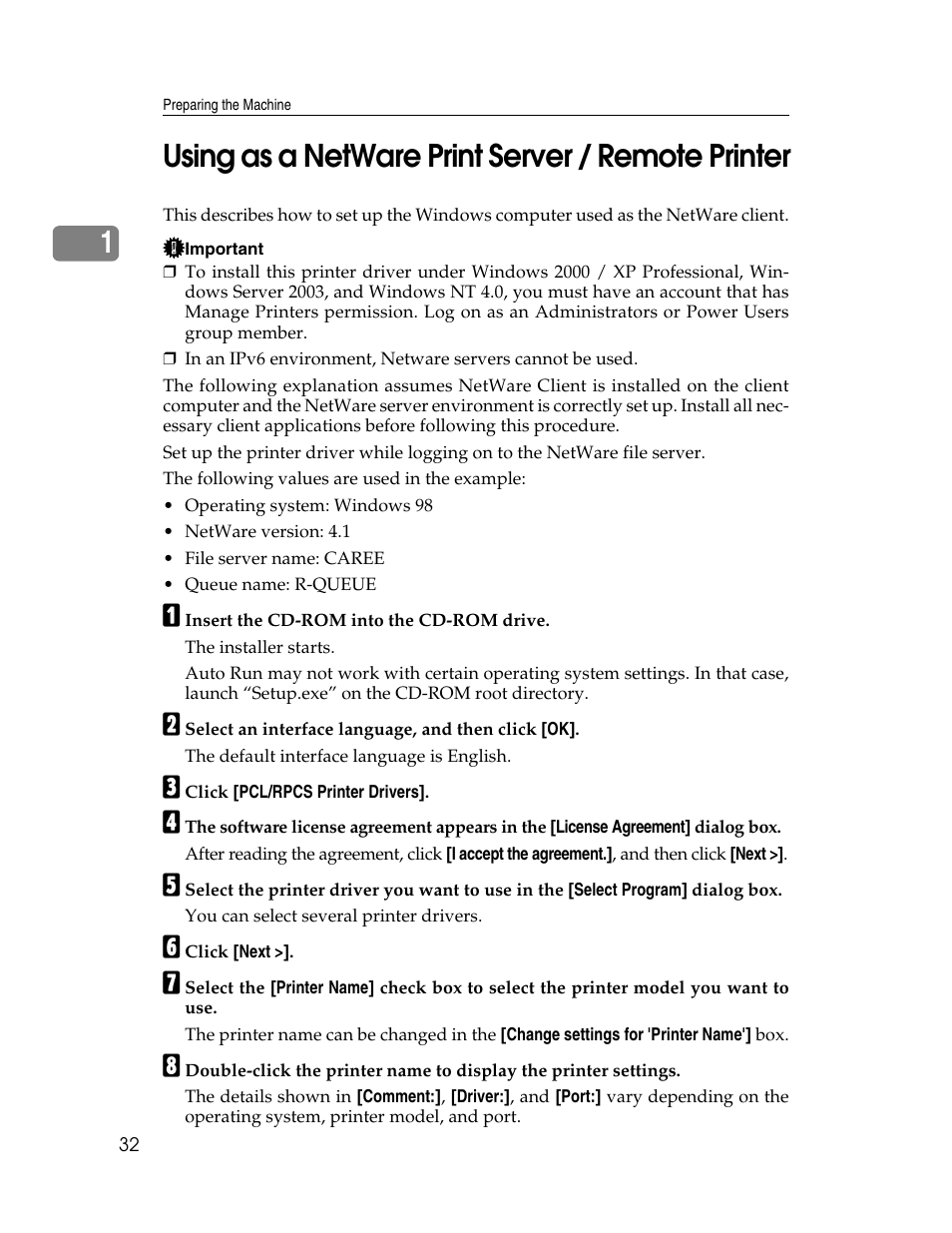 Using as a netware print server / remote printer, 1using as a netware print server / remote printer | Ricoh 1350 User Manual | Page 40 / 158