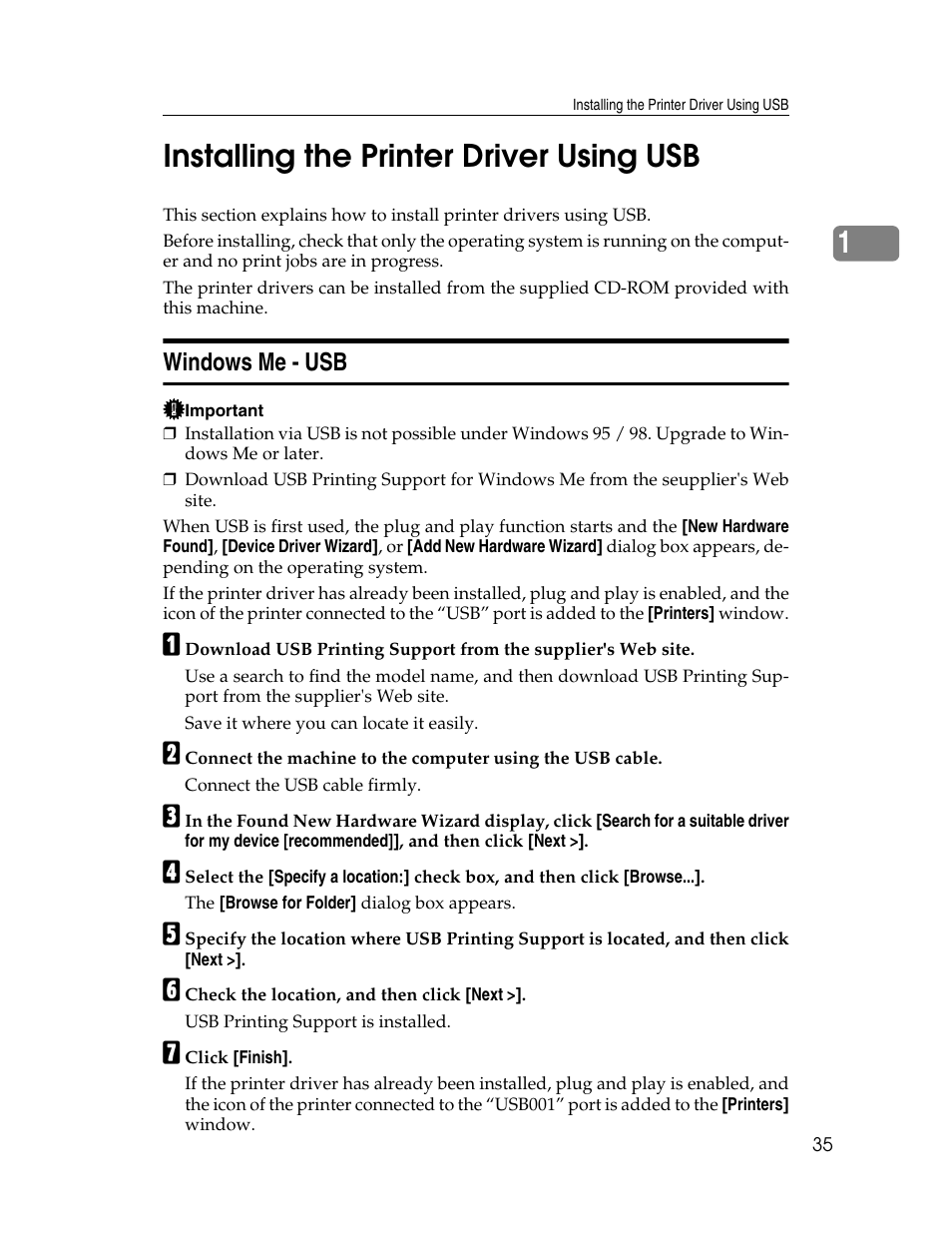 Installing the printer driver using usb, Windows me - usb, E p.35 “installing the printer driver using usb | 1installing the printer driver using usb | Ricoh 1350 User Manual | Page 43 / 158