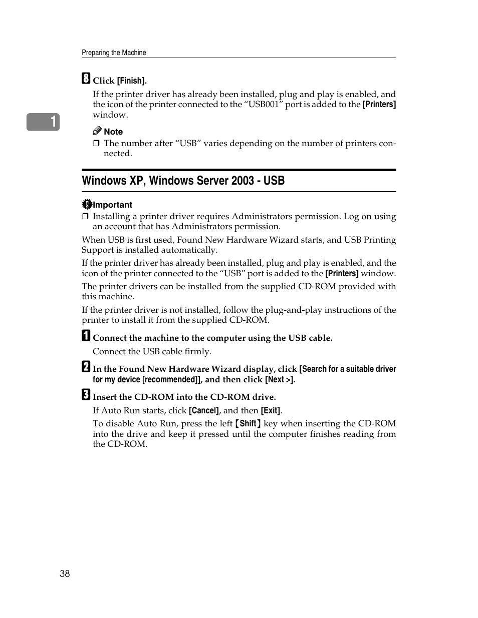 Windows xp, windows server 2003 - usb | Ricoh 1350 User Manual | Page 46 / 158