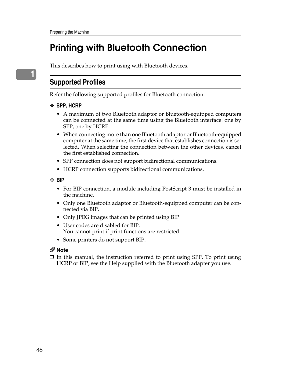Printing with bluetooth connection, Supported profiles, See p.46 “printing with bluetooth connection | 1printing with bluetooth connection | Ricoh 1350 User Manual | Page 54 / 158