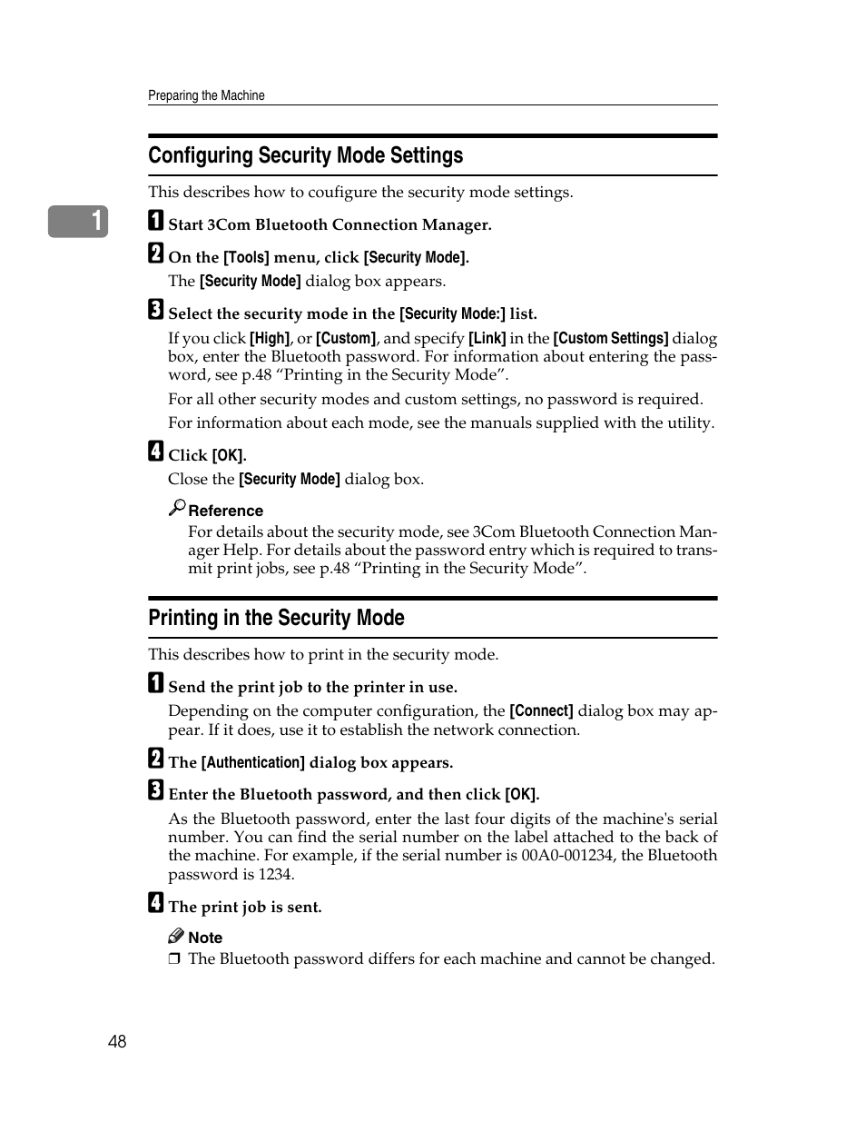 Configuring security mode settings, Printing in the security mode | Ricoh 1350 User Manual | Page 56 / 158