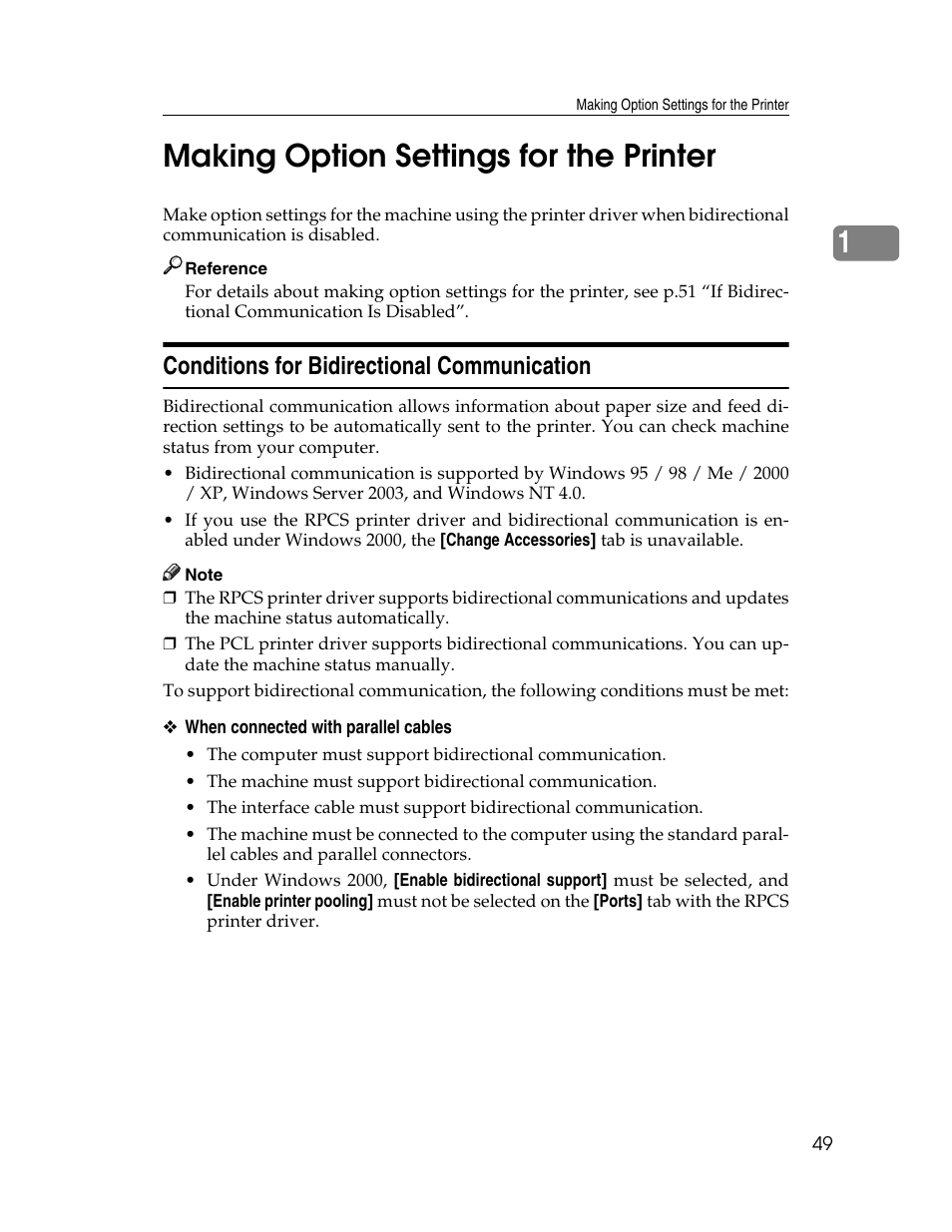 Making option settings for the printer, Conditions for bidirectional communication, 1making option settings for the printer | Ricoh 1350 User Manual | Page 57 / 158