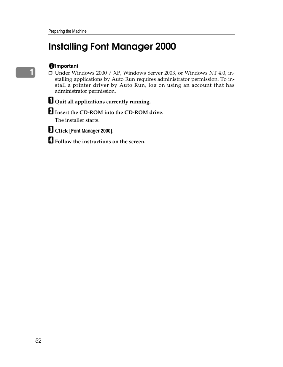Installing, Installing font manager 2000 | Ricoh 1350 User Manual | Page 60 / 158