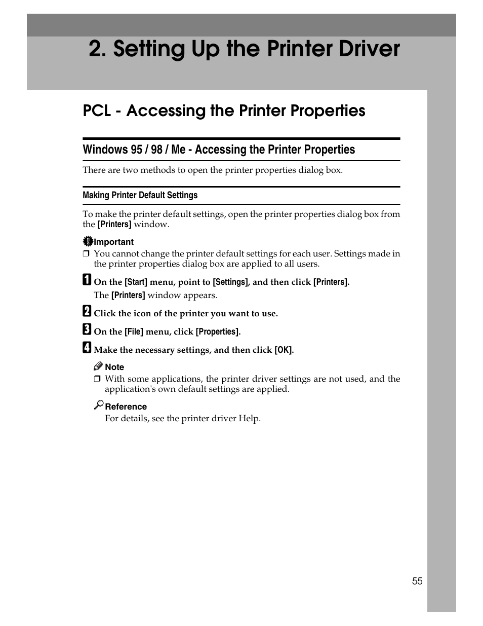 Setting up the printer driver, Pcl - accessing the printer properties, Making printer default settings | Ricoh 1350 User Manual | Page 63 / 158