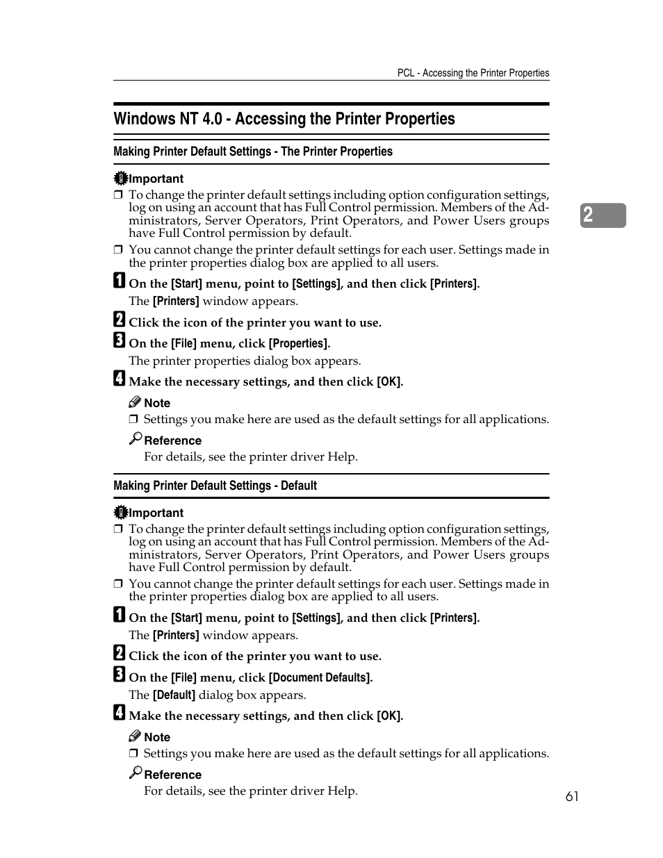 Windows nt 4.0 - accessing the printer properties, Making printer default settings - default | Ricoh 1350 User Manual | Page 69 / 158