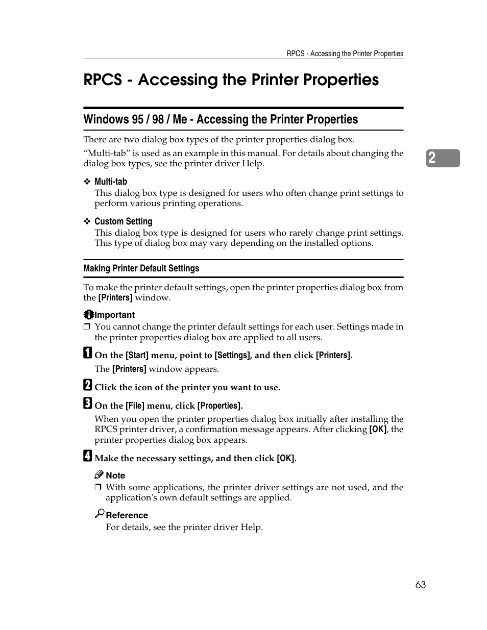 Rpcs - accessing the printer properties, Making printer default settings, 2rpcs - accessing the printer properties | Ricoh 1350 User Manual | Page 71 / 158