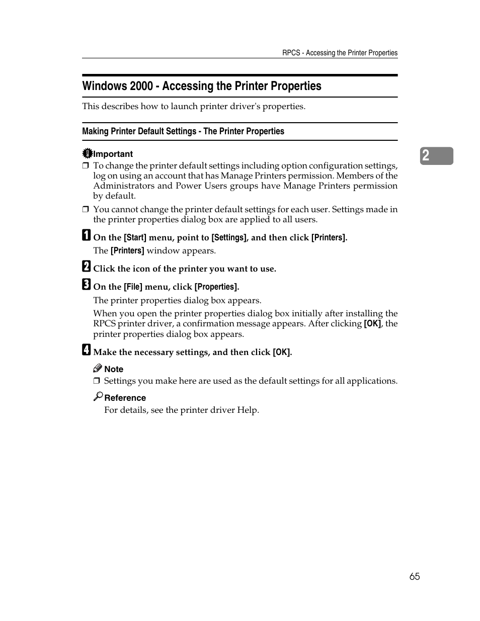Windows 2000 - accessing the printer properties | Ricoh 1350 User Manual | Page 73 / 158