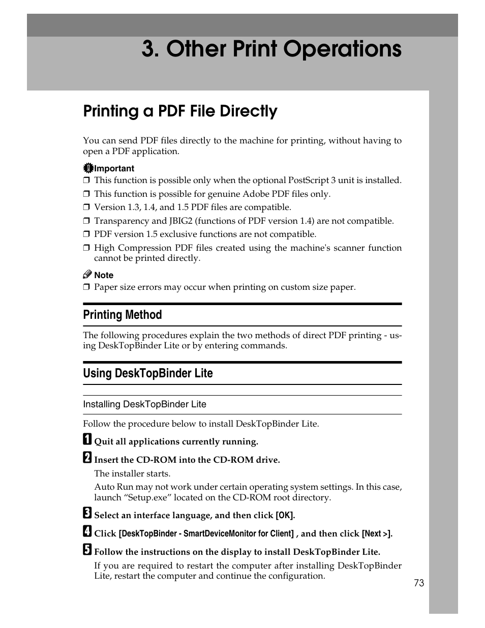 Other print operations, Printing a pdf file directly, Printing method | Using desktopbinder lite, Printing method using desktopbinder lite | Ricoh 1350 User Manual | Page 81 / 158