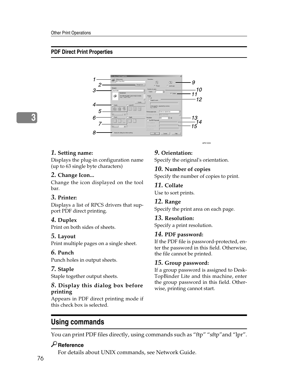 Pdf direct print properties, Using commands | Ricoh 1350 User Manual | Page 84 / 158