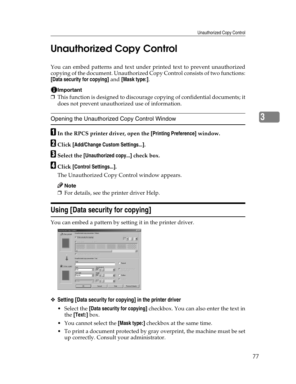 Unauthorized copy control, Using, Using [data security for copying | 3unauthorized copy control | Ricoh 1350 User Manual | Page 85 / 158