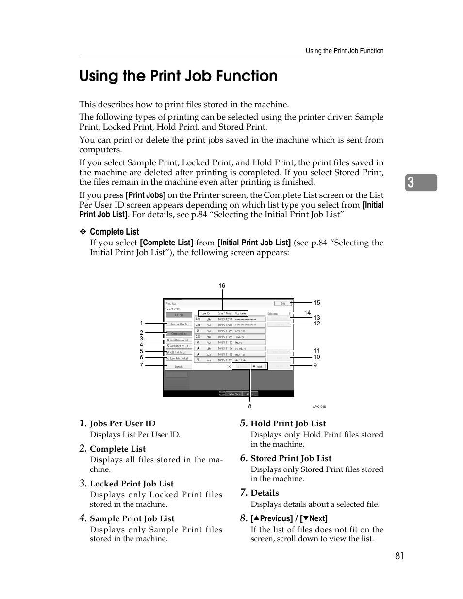 Using the print job function, 3using the print job function | Ricoh 1350 User Manual | Page 89 / 158