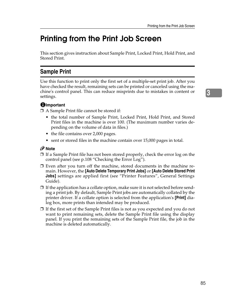 Printing from the print job screen, Sample print, P.85 “sample print | 3printing from the print job screen | Ricoh 1350 User Manual | Page 93 / 158