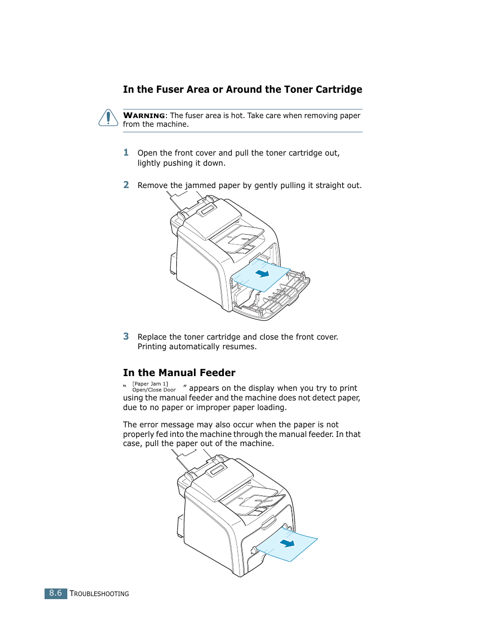 In the fuser area or around the toner cartridge, In the manual feeder | Ricoh Fax 2210L User Manual | Page 152 / 390