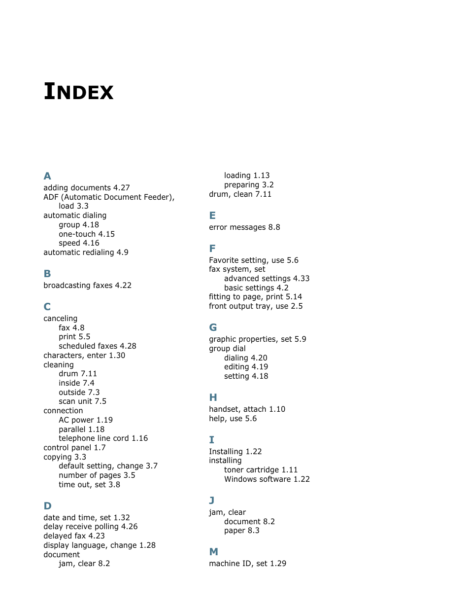 Index, Ndex | Ricoh Fax 2210L User Manual | Page 180 / 390
