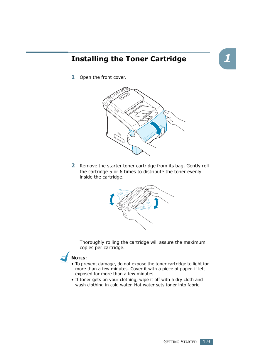 Installing the toner cartridge | Ricoh Fax 2210L User Manual | Page 218 / 390
