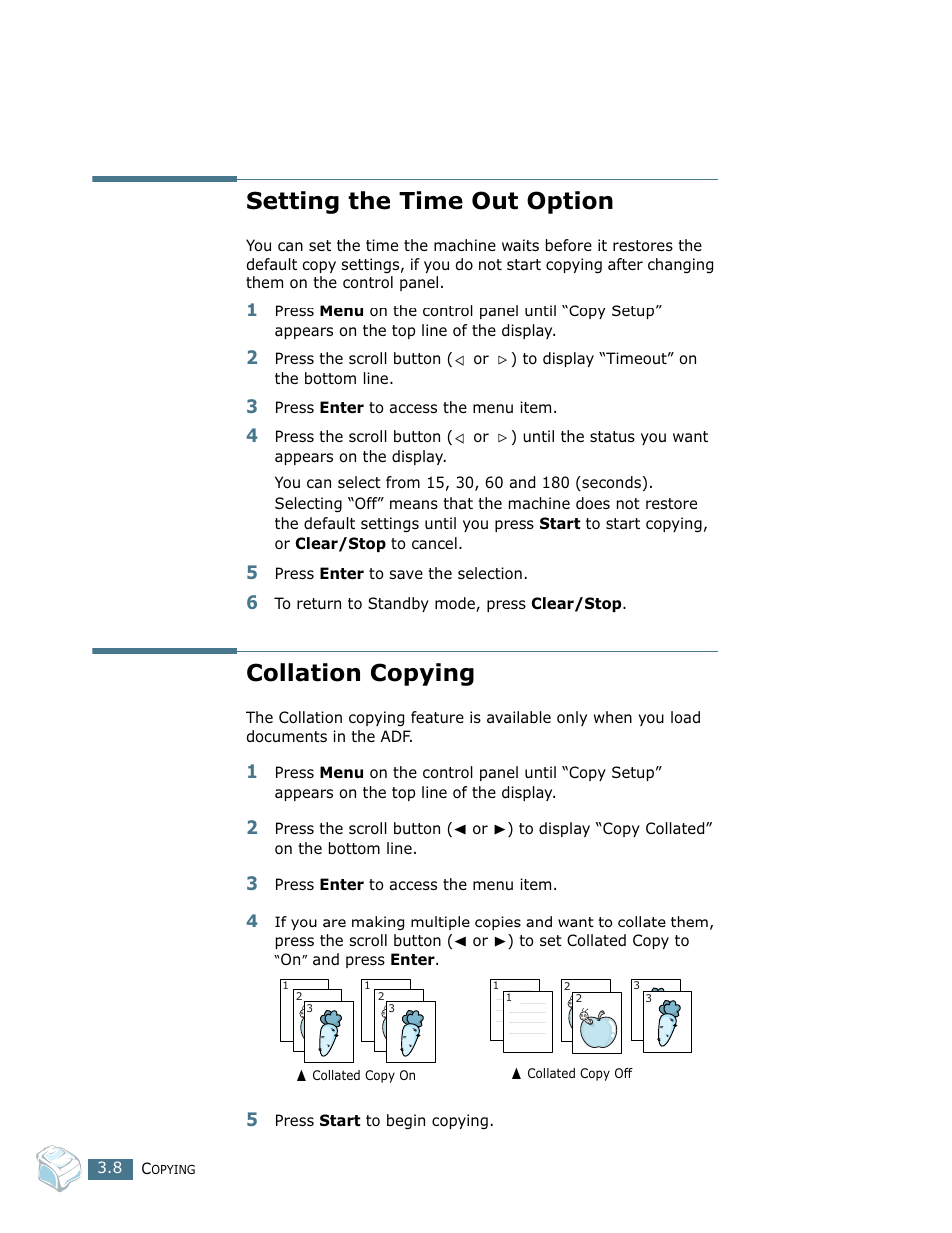 Collation copying, Setting the time out option | Ricoh Fax 2210L User Manual | Page 261 / 390