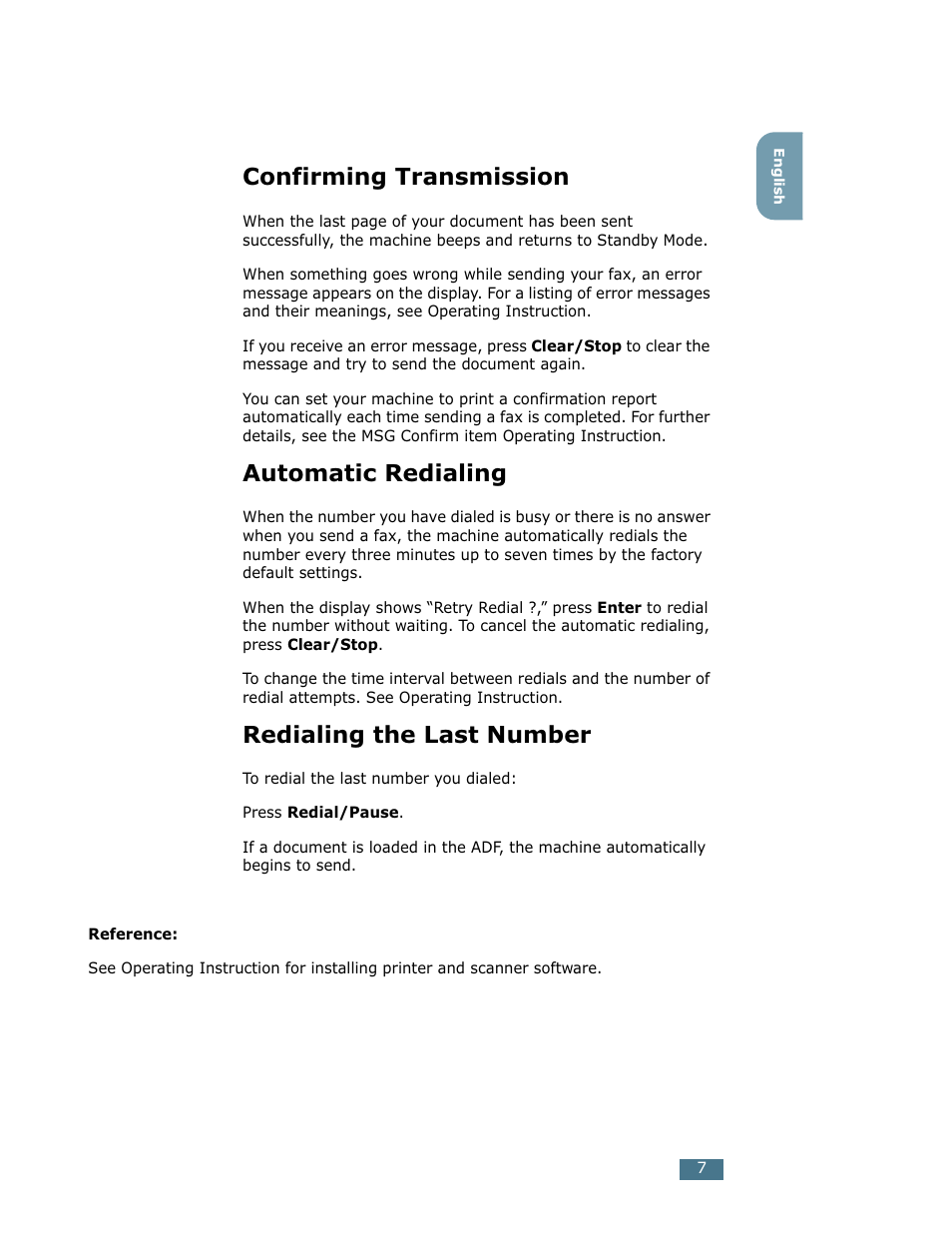 Confirming transmission, Automatic redialing, Redialing the last number | Ricoh Fax 2210L User Manual | Page 389 / 390