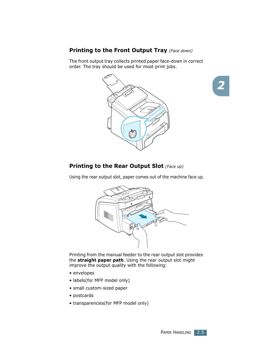 Printing to the front output tray (face down), Printing to the rear output slot (face up) | Ricoh Fax 2210L User Manual | Page 55 / 390