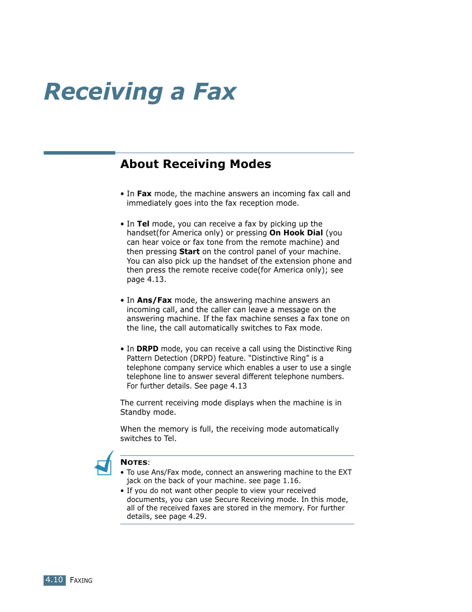 Receiving a fax, About receiving modes | Ricoh Fax 2210L User Manual | Page 78 / 390