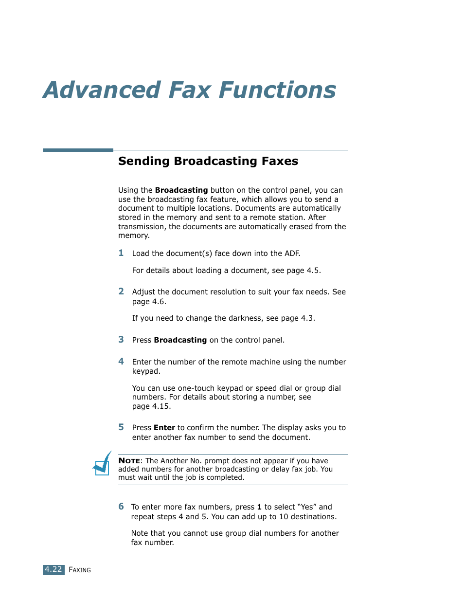 Advanced fax functions, Sending broadcasting faxes | Ricoh Fax 2210L User Manual | Page 90 / 390
