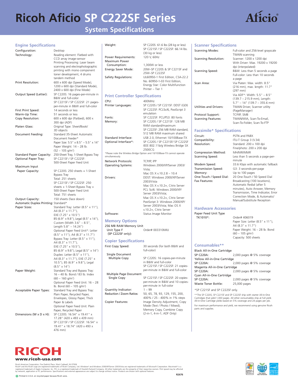 Ricoh aficio sp c222sf series, System specifications | Ricoh Aficio SP C222SF User Manual | Page 4 / 4