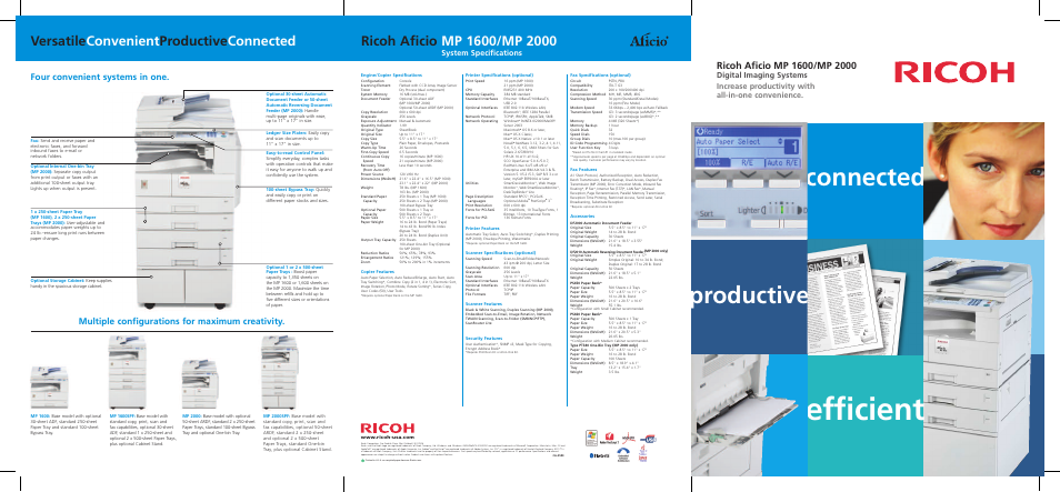 Efficient, Connected, Productive | Four convenient systems in one, Multiple configurations for maximum creativity, System specifications | Ricoh Aficio MP 1600/MP 2000 User Manual | Page 6 / 6