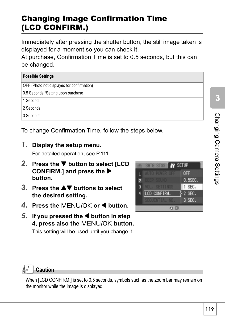 Changing image confirmation time (lcd confirm.) | Ricoh CAPLIO R30 User Manual | Page 121 / 184