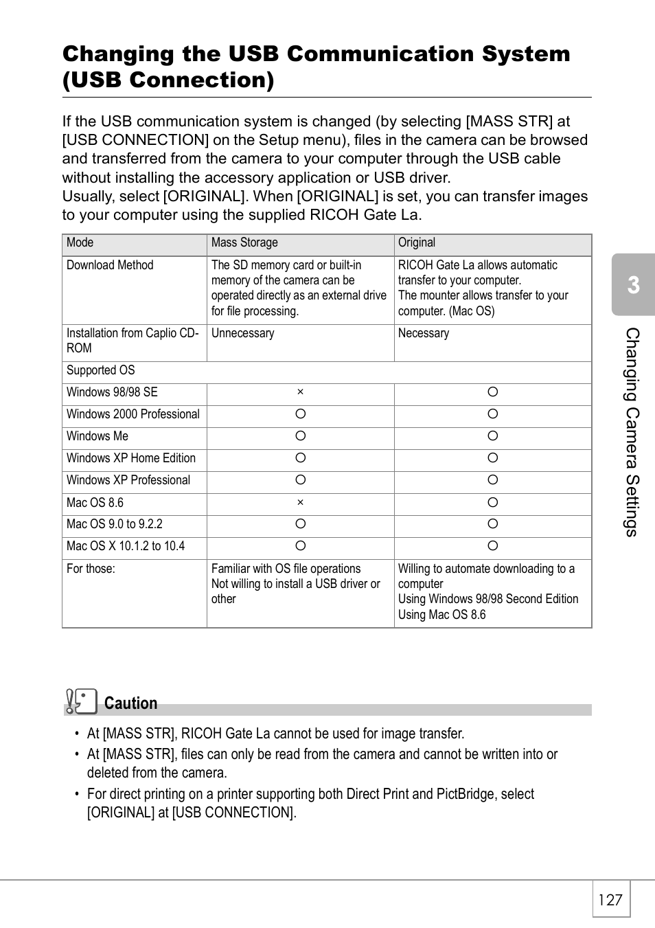 Chan gi ng cam era s e ttings, Caution | Ricoh CAPLIO R30 User Manual | Page 129 / 184